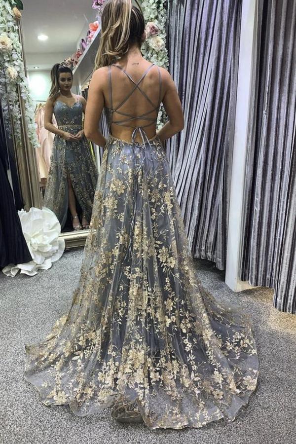 Spaghetti Straps V-Neck Prom Dress Gold Floral Pattern Aline Evening Dress-newarrivaldress
