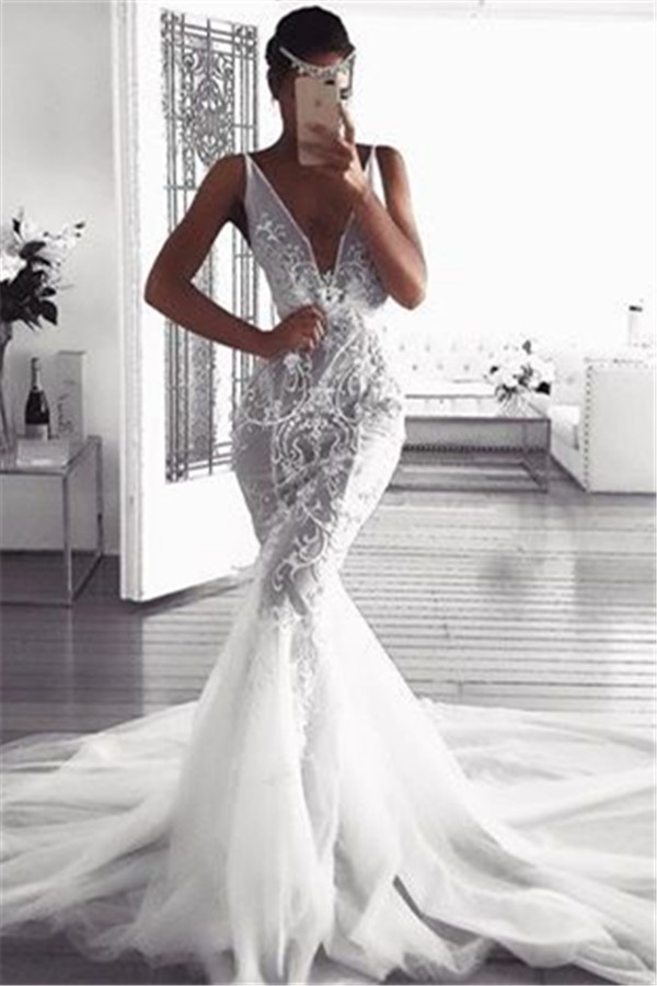 Gorgeous Mermaid Deep V-Neck Wedding Dresses | Sleeveless Tulle Lace Appliques Bridal Gowns-newarrivaldress