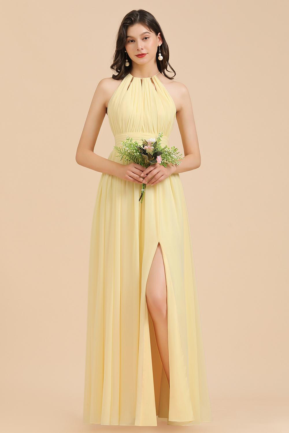 Elegant Daffodil Halter Pleated Chiffon Bridesmaid Dress Side Slit Long Evening Dress-newarrivaldress