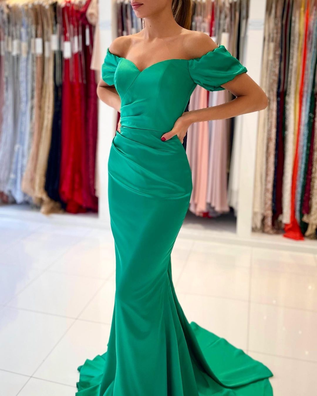 Off the Shoulder Satin Ruffle Slim Mermaid Evening Gown-newarrivaldress