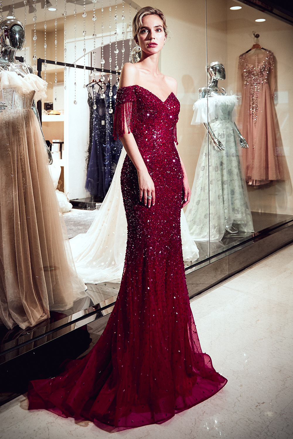 Off-the-shoulder V-neck Mermaid Floor Length Sequins Evening Dresses-newarrivaldress