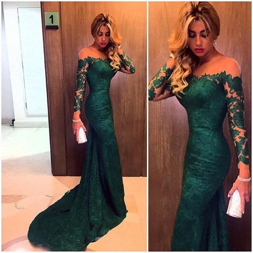 Dark Green Evening Gowns Long Sleeves Lace Glamorous Mermaid Prom Dresses-newarrivaldress