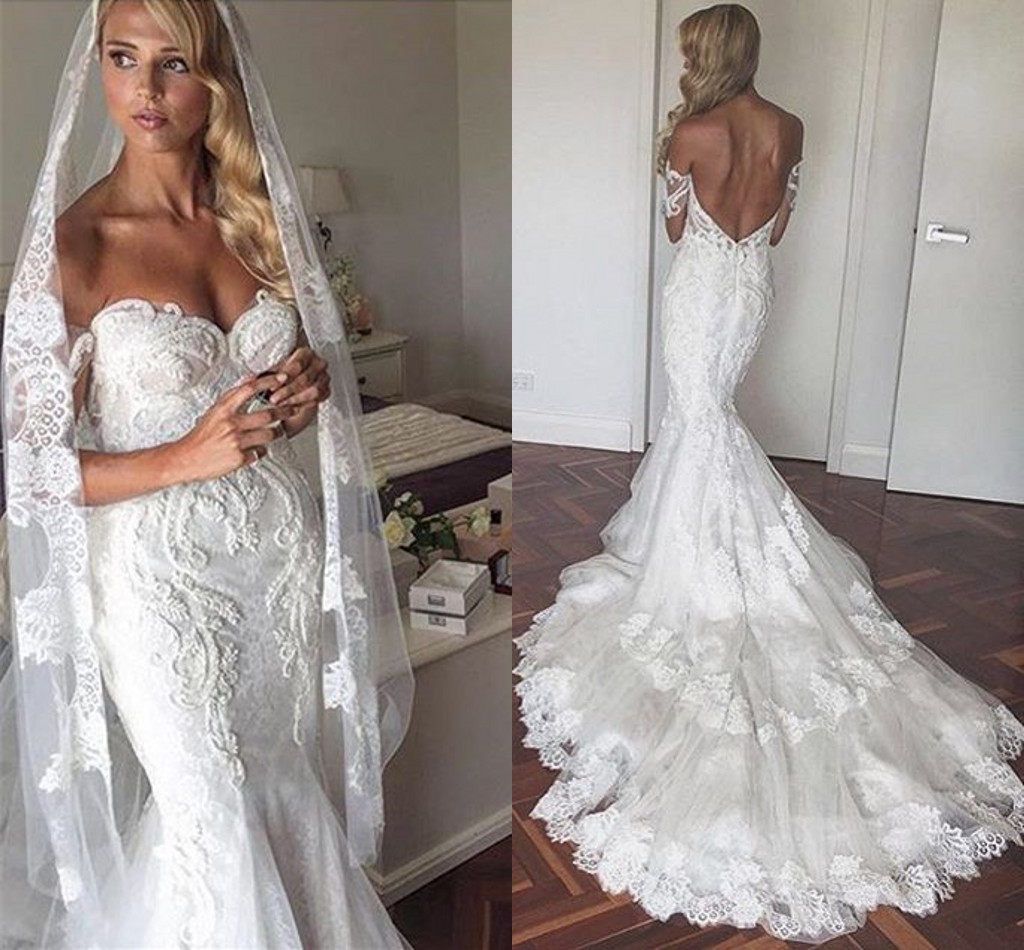 Appliques Tulle Elegant Tiered Mermaid Backless Off The Shoulder Wedding Dresses Online-newarrivaldress