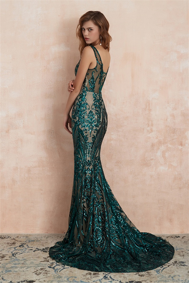 Stunning V-neck Slim Mermaid Prom Dress Sleeveless Glitter Evening Gown-newarrivaldress