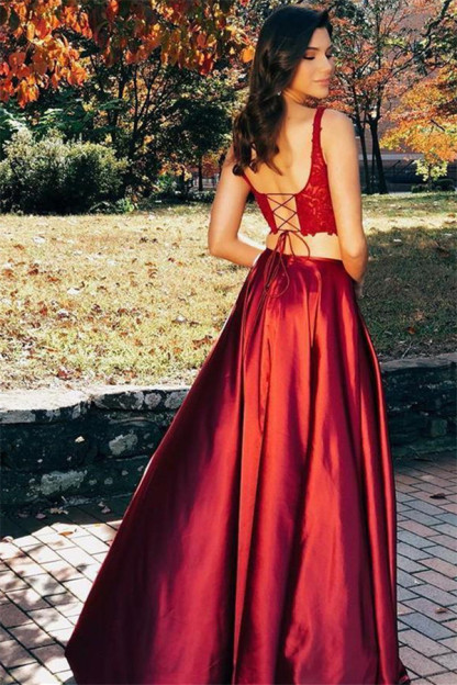 Burgundy Straps Side-Slit Sleeveless Two-Piece A-Line Prom Dresses-newarrivaldress