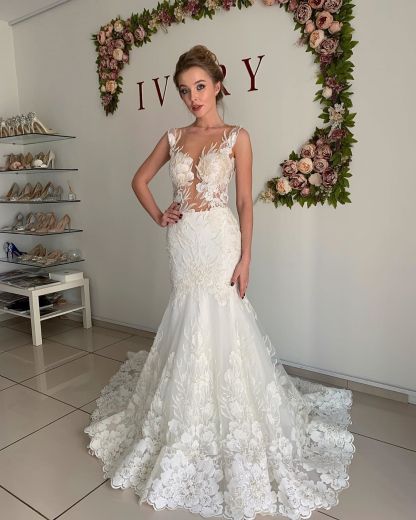 Straps Appliques Mermaid Wedding Dresses | Pleated Sheer tulle Bridal Gowns-newarrivaldress
