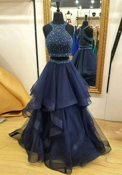 Sleeveless Two Piece Crystals Evening Gowns | Modest Jewel Ruffles Prom Dresses-newarrivaldress