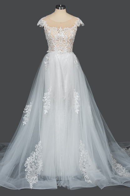Charming Cap Sleeve Mermaid Wedding Dress White Tulle Lace Appliques with Detachable Sweep Train-newarrivaldress