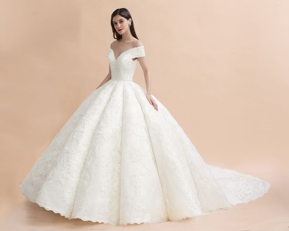 Charming Off-the-Shoulder Appliques Ball Gown Backless Sweep Train-newarrivaldress