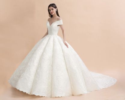 Charming Off-the-Shoulder Appliques Ball Gown Backless Sweep Train-newarrivaldress