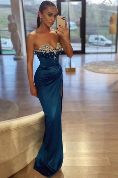 Stylish Sweetheart Satin Evening Dress with Split Strapless Glitter Long Prom Dress-newarrivaldress