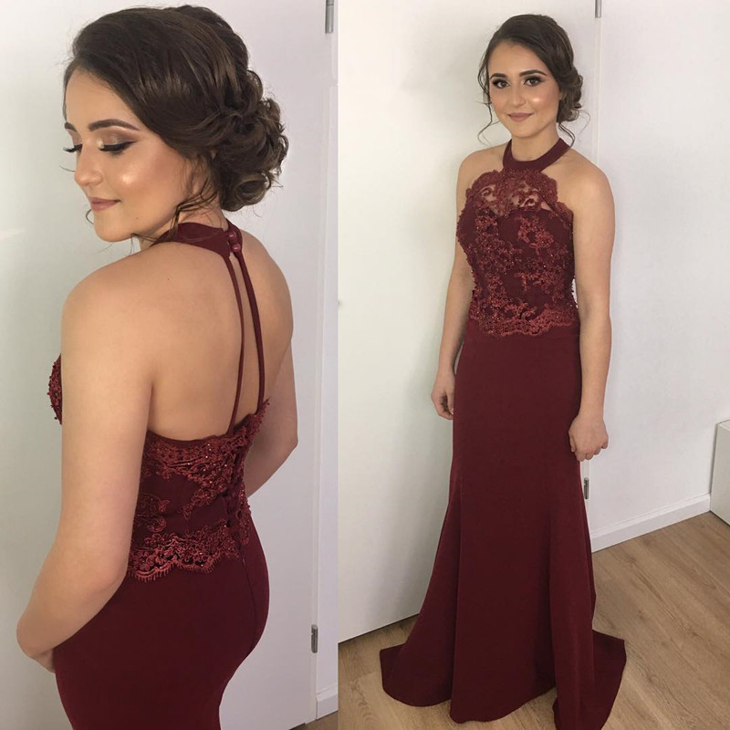 Burgundy Prom Dresses Mermaid Lace Halter Backless Evening Gowns-newarrivaldress