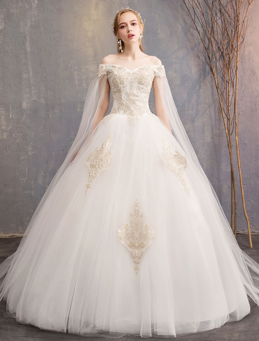 Wedding Dresses Tulle Off-The-Shoulder Short Sleeve Lace Applique Princess Bridal Gown