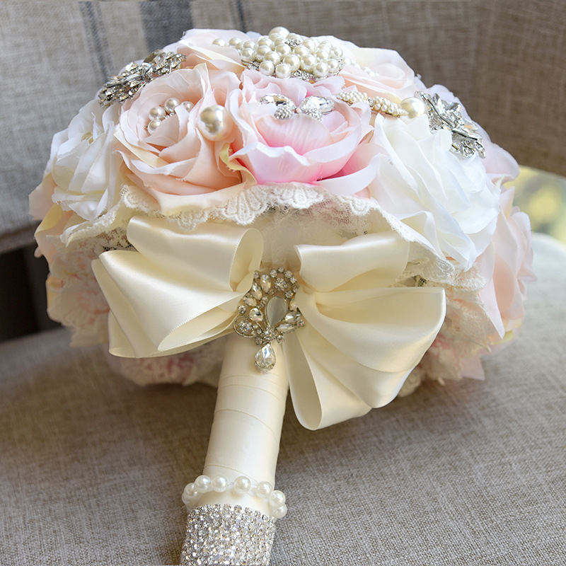 Shiny Crystal Beading Silk Rose Wedding Bouquet in White and Pink-newarrivaldress