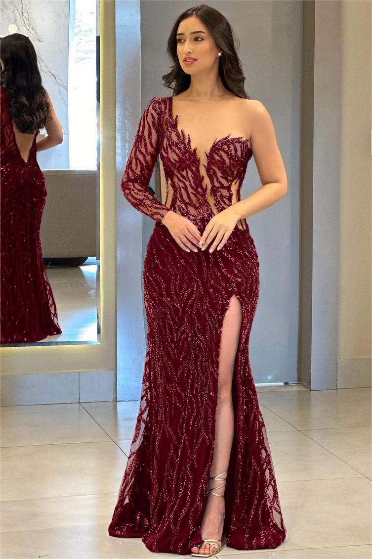 One Shoulder One Long Sleeve Backless Mermaid Split Prom Dress With Appliques