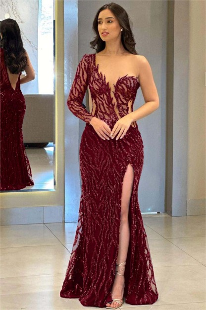 One Shoulder One Long Sleeve Backless Mermaid Split Prom Dress With Appliques