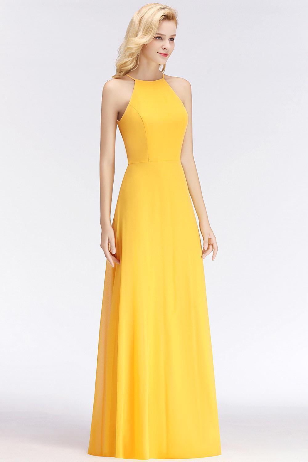 Sleeveless Fashion Chiffon Sheath Yellow Long Bridesmaids Dresses-newarrivaldress