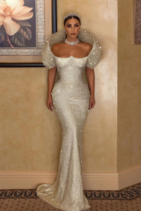 Gorgeous White Glitter Sequins Mermaid Wedding Gown Sweetheart Long Bridal Dress-newarrivaldress