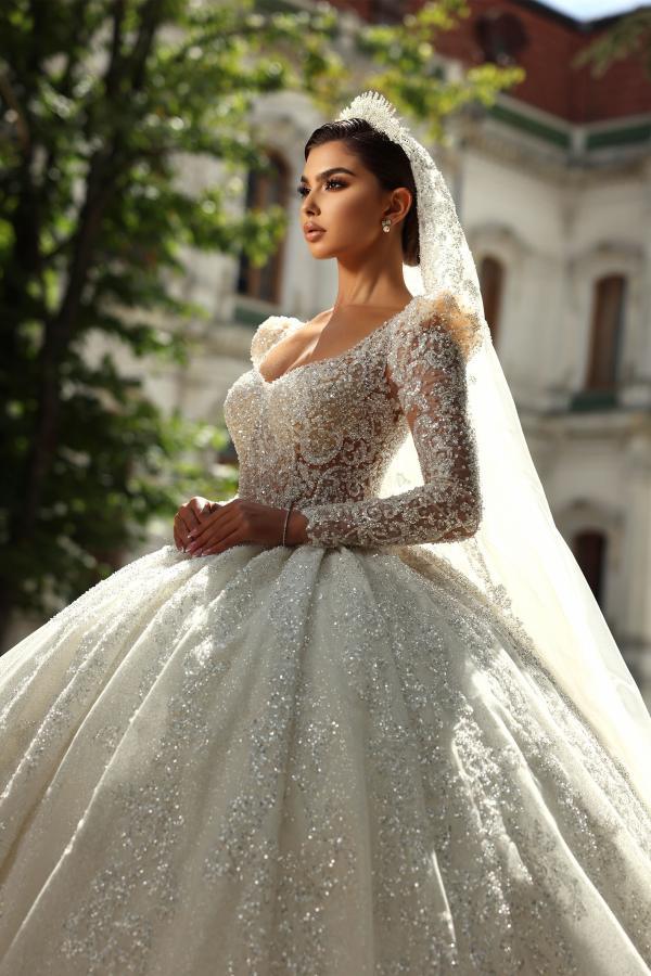Luxury Glitter Princess Bridal Dresses Long Sleeves Sweetheart Ball Gown Wedding Dress-newarrivaldress