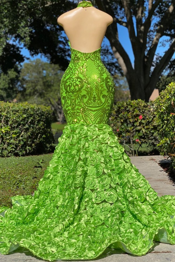 Amazing Halter Mermaid Prom Dress Puffy Flowers Glitter Party Dress-newarrivaldress