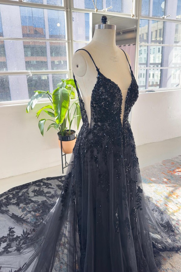 Elegant Deep V-neck Lace A-line Evening Dress Tulle Prom Dress with Spaghetti Straps-newarrivaldress