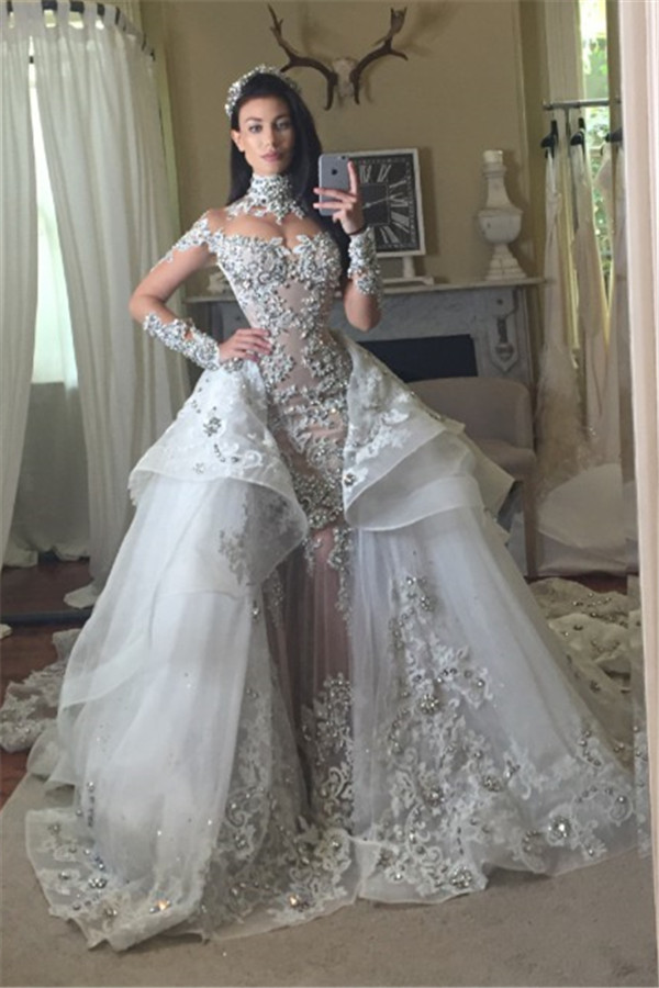 Appliques Long Sleeve Glamorous Detachable Train Tulle High-Neck Wedding Dresses Online-newarrivaldress