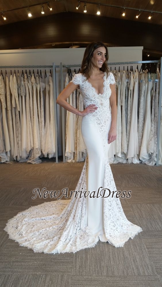 Court Train Lace Appliques V-Neck Elegant Cap Sleeves Mermaid Wedding Dresses Online-newarrivaldress