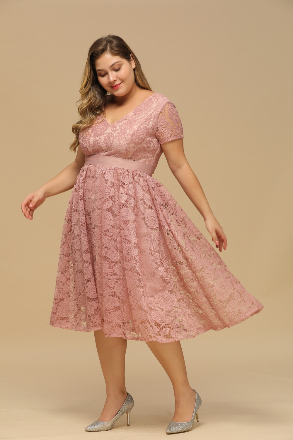 Burgundy Short Sleeves Flower Lace V-neck Dresses with Sash-newarrivaldress