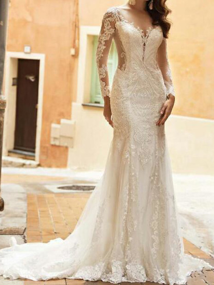 Elegant Long Sleeves Tulle Lace Mermaid Bridal Dress with Sweep/Trumpt Train-newarrivaldress