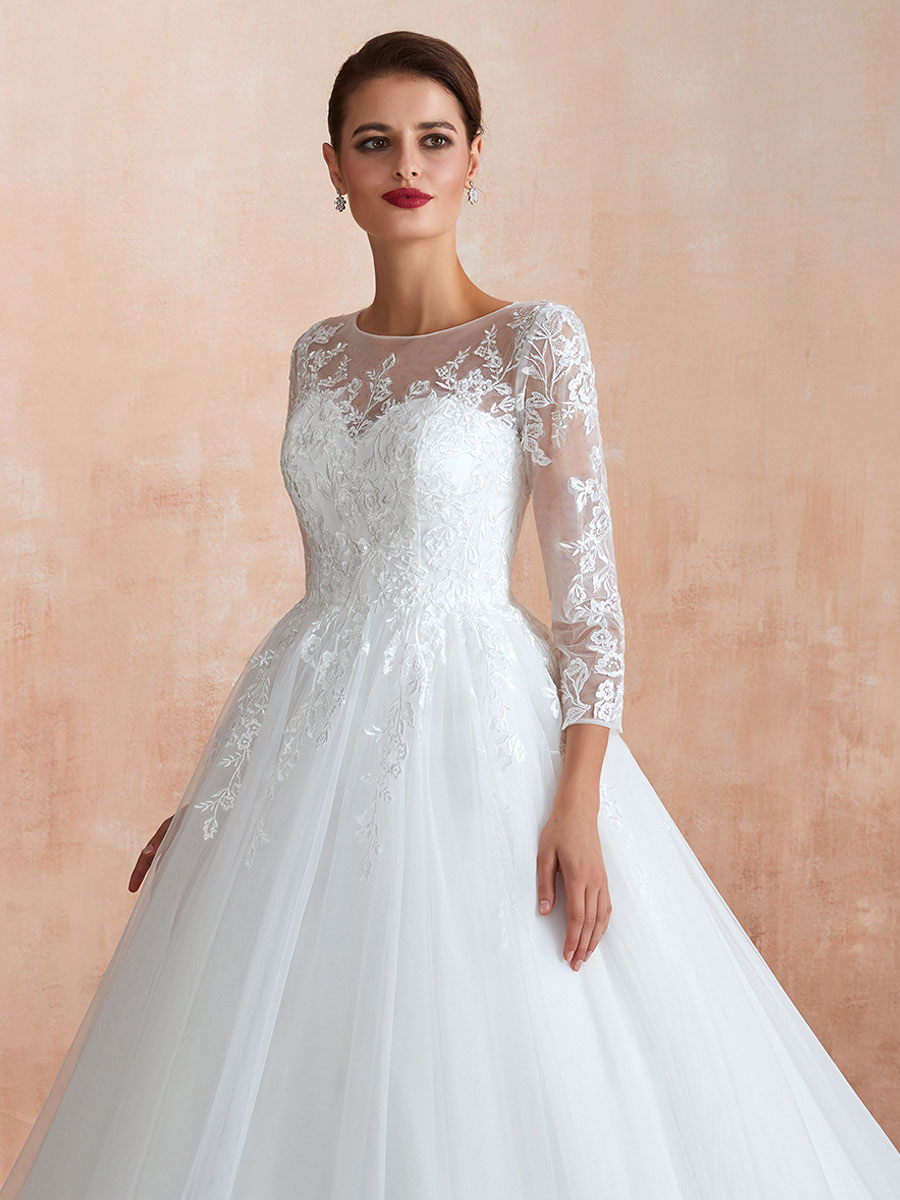 Wedding Gown 2021 3/4 Sleeve Jewel Neck Lace Appliqued Beaded Ball Gown Bridal Wedding Dress With Train-newarrivaldress
