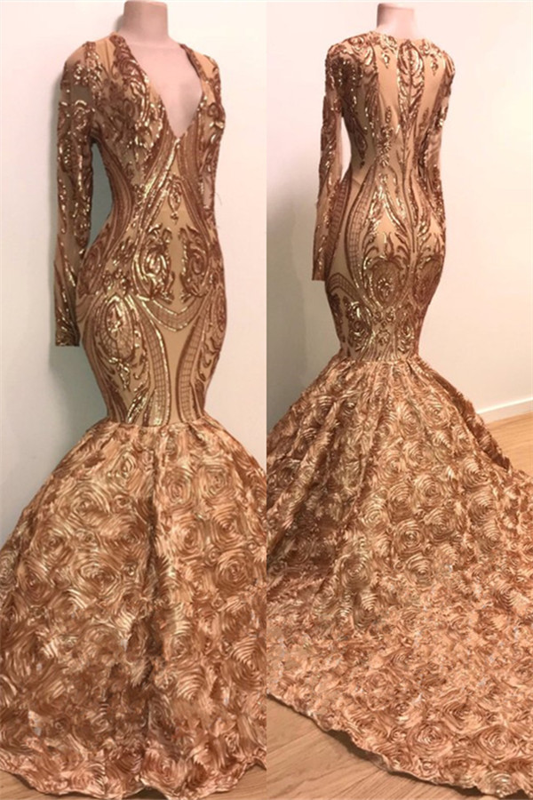 Long Sleeve Mermaid Gold Long Prom Dresses for Junior | V-neck Flowers Formal Dresses for Women