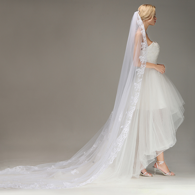 One Layer Wedding Veil with Comb Lace Edge Appliqued Bridal Veil?-newarrivaldress