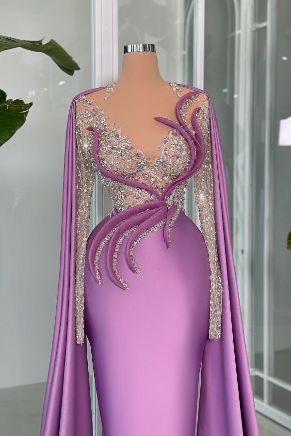 Gorgeous Liliac Satin Long Prom Dress with Sleeves Glitter Beadings Mermaid Evening Dress-newarrivaldress