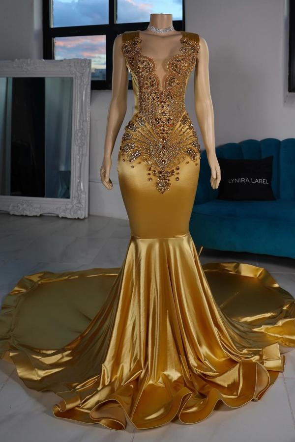 Stunning Crystals Mermaid Prom Dress V-Neck Long Sleeves Satin Bodycon Party Dress-newarrivaldress