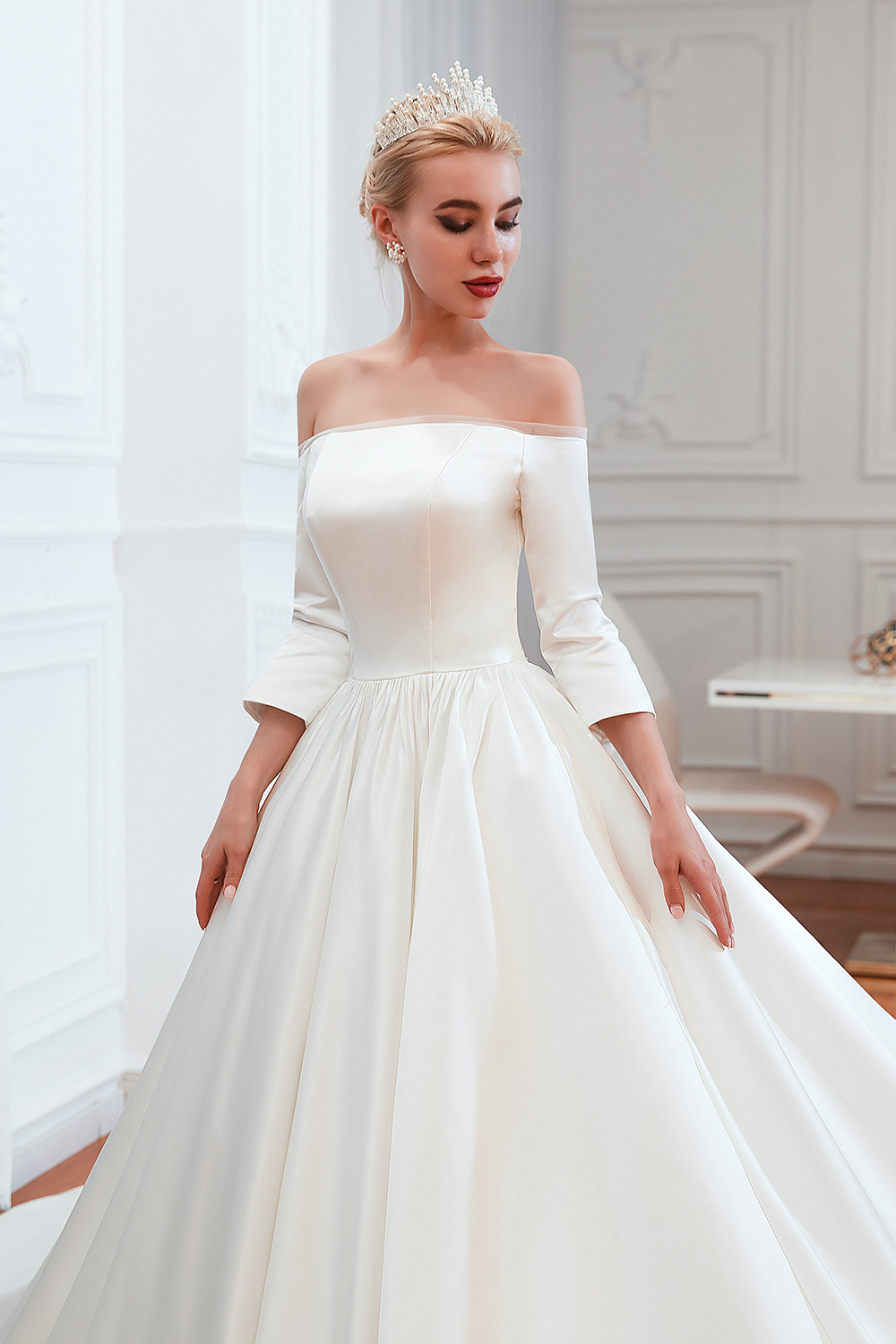 Amazing Off Shoulder Satin Wedding Dress Aline with Sleeves-newarrivaldress