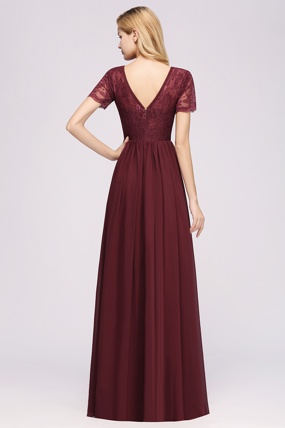 A-line Chiffon Lace Jewel Short-Sleeves Floor-length Bridesmaid Dress-newarrivaldress