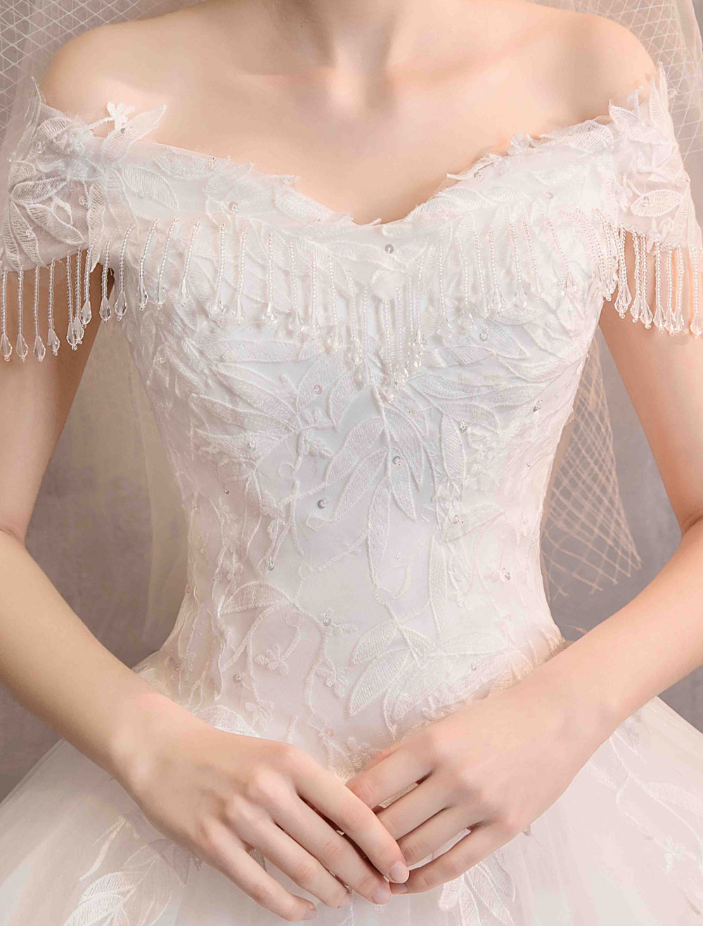 Tulle Wedding Dresses Princess Bridal Gown Off The Shoulder Lace Applique Floor Length Ball Gown Bridal Dress-newarrivaldress