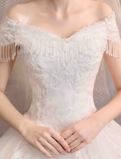 Tulle Wedding Dresses Princess Bridal Gown Off The Shoulder Lace Applique Floor Length Ball Gown Bridal Dress-newarrivaldress