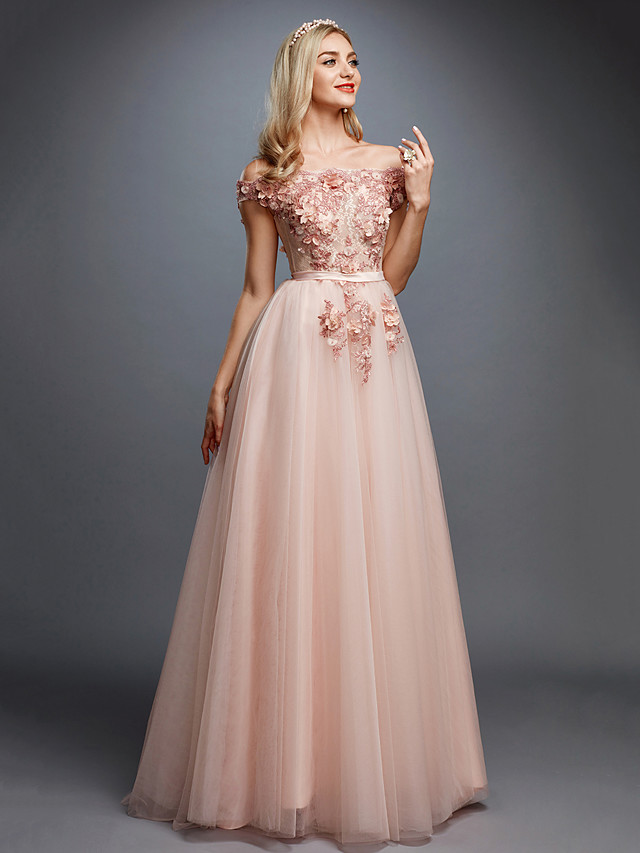 Off Shoulder 3D Floral Tulle Aline Evening Dress Off Shoulder Party Dress-newarrivaldress