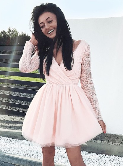 Newest Long Sleeve A-line V-neck Lace Short Homecoming Dress-newarrivaldress