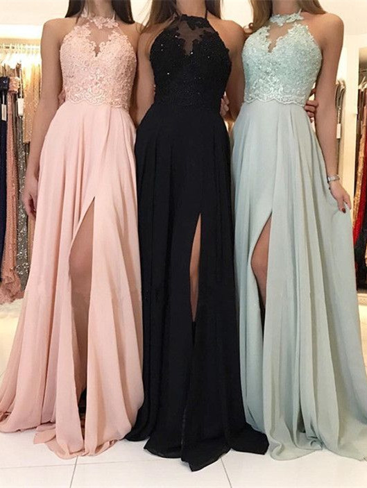 Elegant Halter Lace Evening Dress | 2021 Long Chiffon Prom Dress With Slit-newarrivaldress