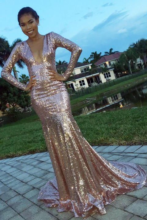 V-Neck Long-Sleeve Mermaid Sequins Glamorous Evening Dress BA8288-newarrivaldress