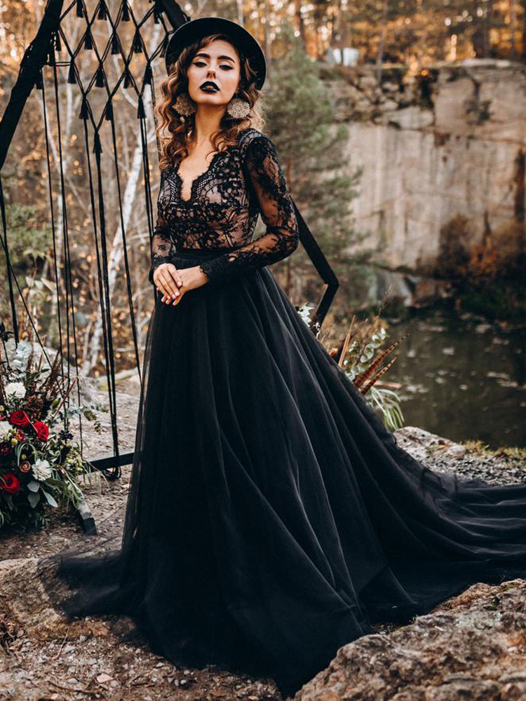 Black Wedding Dresses A-Line Designed Tulle Lace Bridal Gown Long Sleeves-newarrivaldress