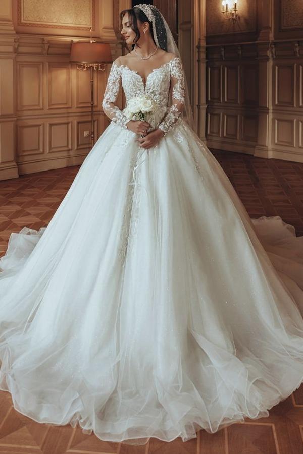 Beautiful Tulle Lace Appliques Aline Wedding Dress with Long Sleeves