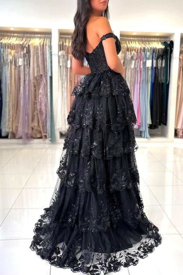 Charming Off-the-Shoulder Shiny Puffy Front Slit Evening Dress-newarrivaldress