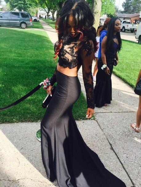 Two-Piece Prom Dresses Black High Neck Long Sleeves Lace Top Mermaid Sexy Evening Gowns-newarrivaldress