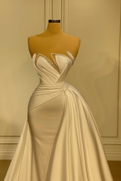 Charming Strapless Beadings Satin Mermaid Evening Dress with Detachable Train-newarrivaldress
