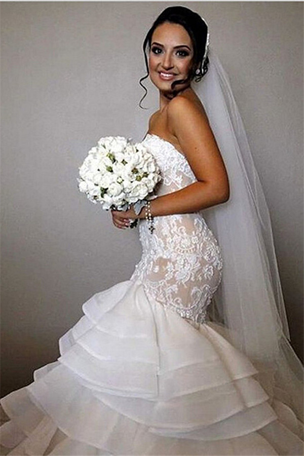 Elegant Lace Mermaid Wedding Dresses Tiered Open Back Strapless Wedding Gowns BA1540-newarrivaldress