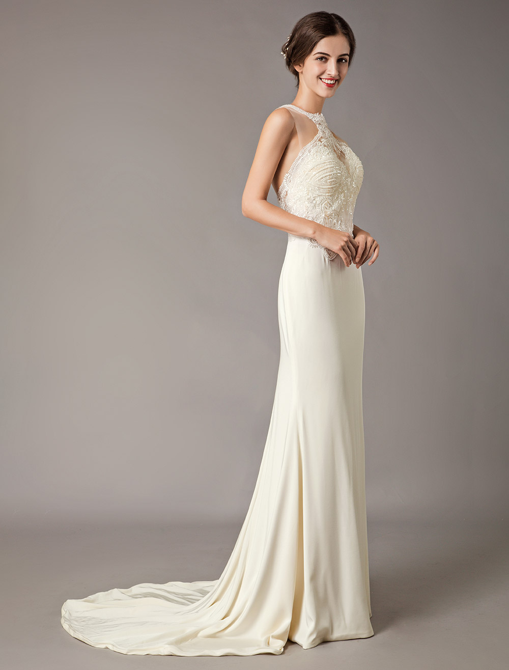 Wedding Dresses Ivory Lace Sleeveless Illusion Sheath Column Bridal Gowns With Train-newarrivaldress
