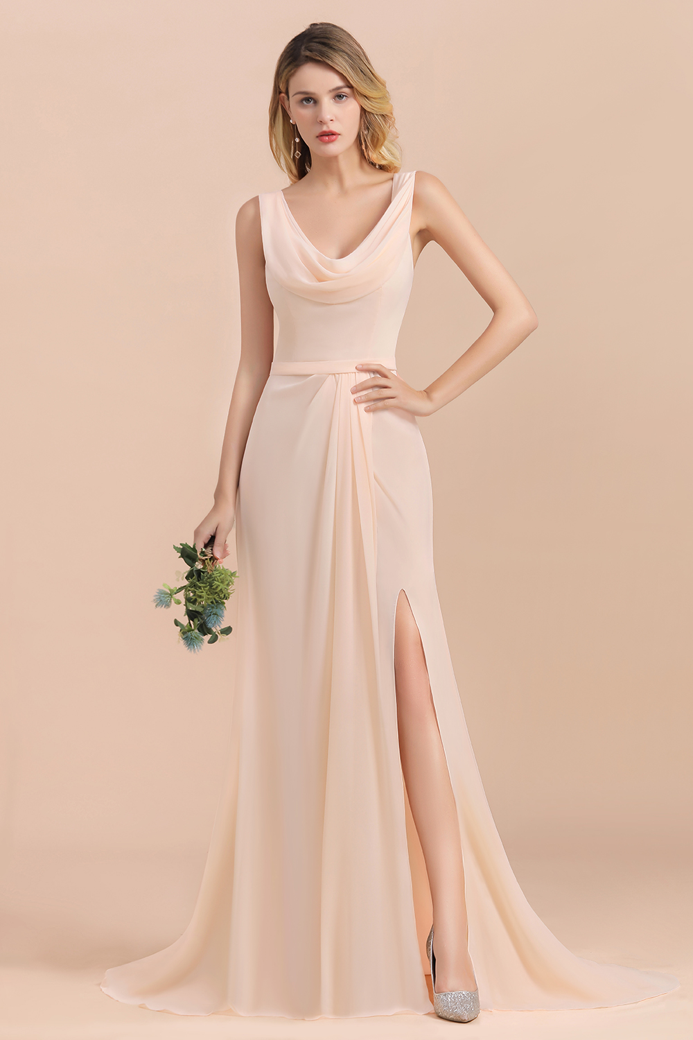 Elegant Champagne Soft Chiffon Long Bridesmaid Dress with Front Slit-newarrivaldress